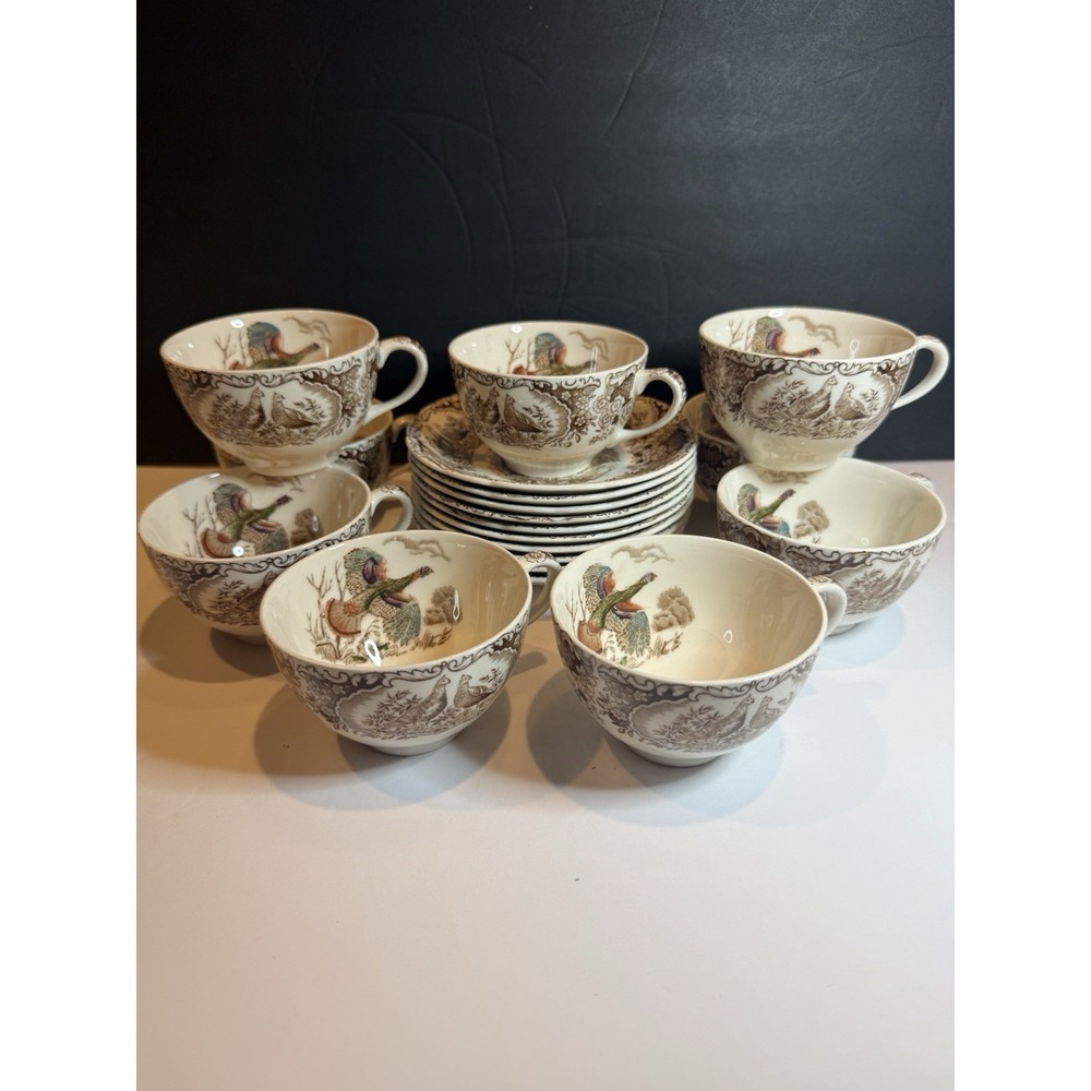 Johnson Bros Wild Turkey Native American Windsor Ware 9 Cups 10 Saucers Set - Picture 2 of 11
